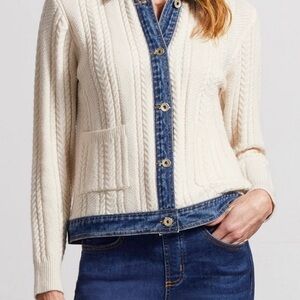 Tribal Cream Cardigan with Denim Trim